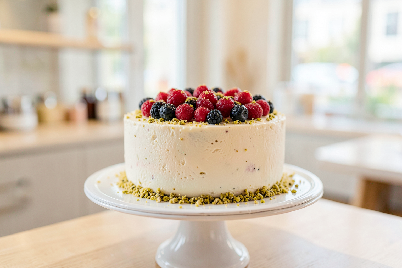 Torta gelato artigianale decorata con frutti di bosco e pistacchio