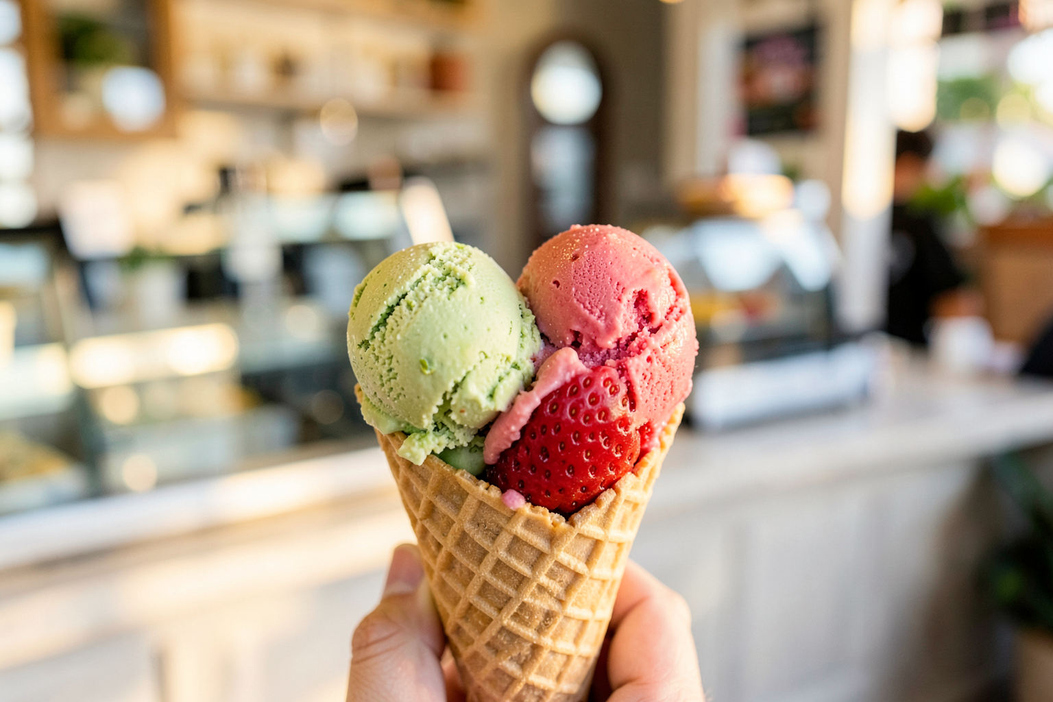 Cono di gelato artigianale al pistacchio e fragola da Polo Nord